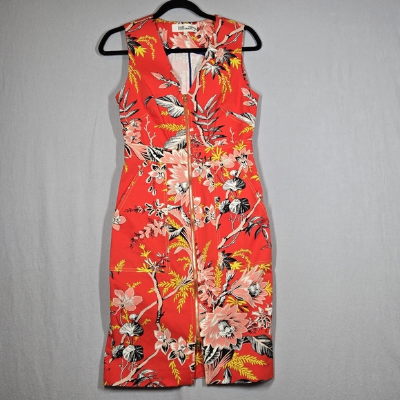 Diane Von Furstenberg Floral Sheath Dress Zip Front Orange Red Women's Size 4 - Picture 1 of 15